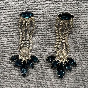 Vintage Style Blue Crystal Rhinestone Clip On Earrings-Silver Tone-2 1/2” Drop